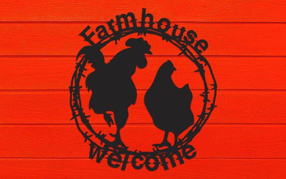 Farmhouse Rooster Chicken Hen Barbed Wire Customized Sign Premium Quality Metal Sign Red Background