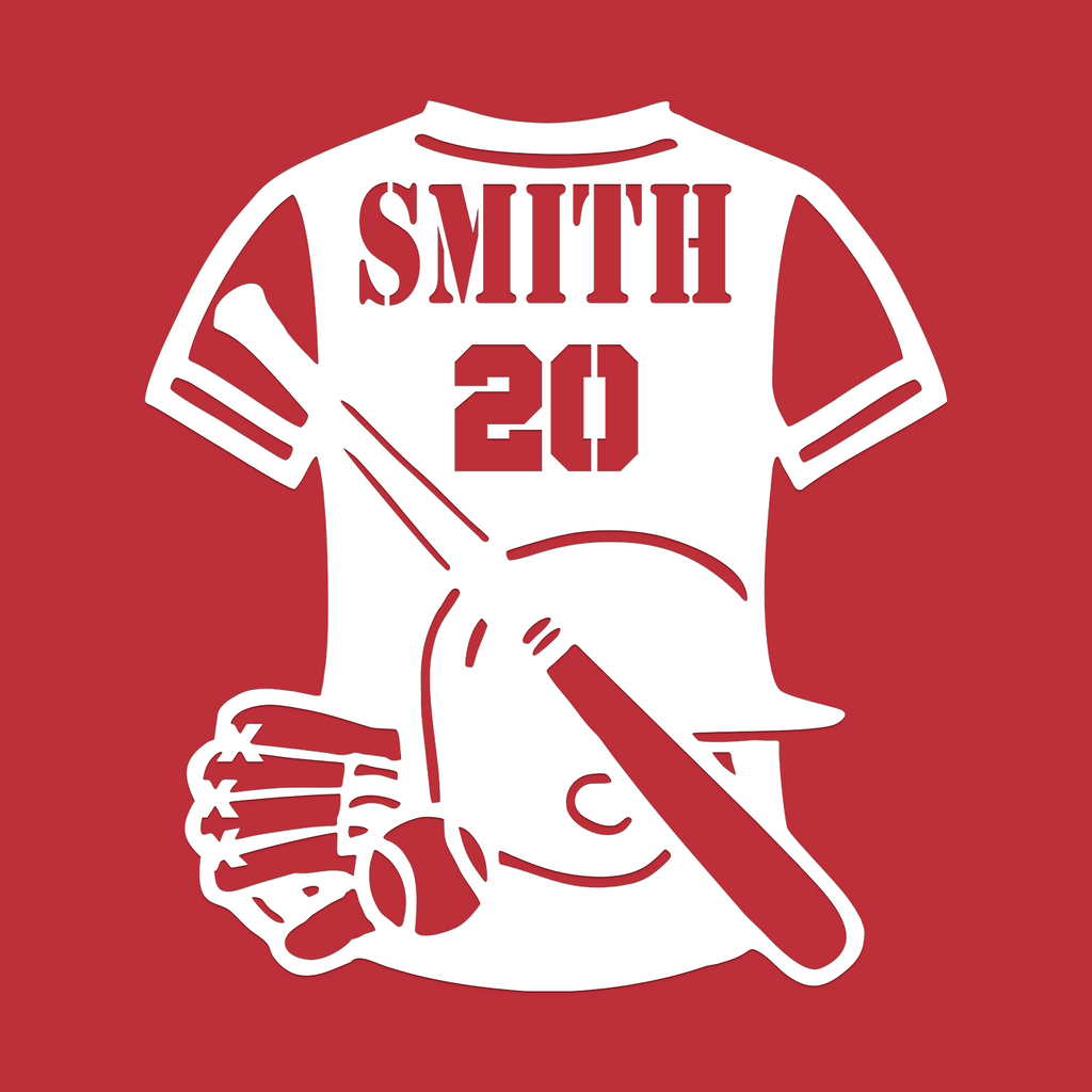 Customized Baseball Uniform Name and Number Glove mit, ball, and bat Customized Sign Premium Quality Metal Sign Red Background