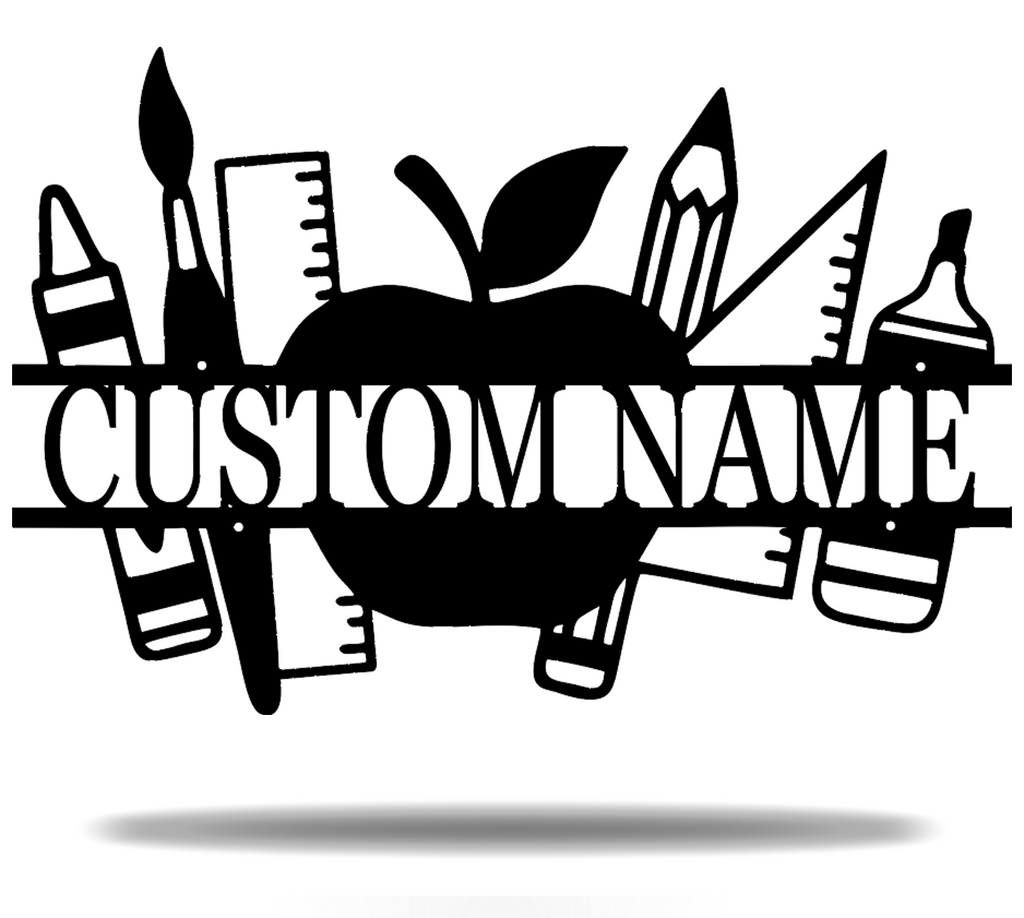 Customizable Teacher School Apple Appliances Pencil Letter Name Initials Monogram Sign Premium Quality Metal Monogram Home Decor Black