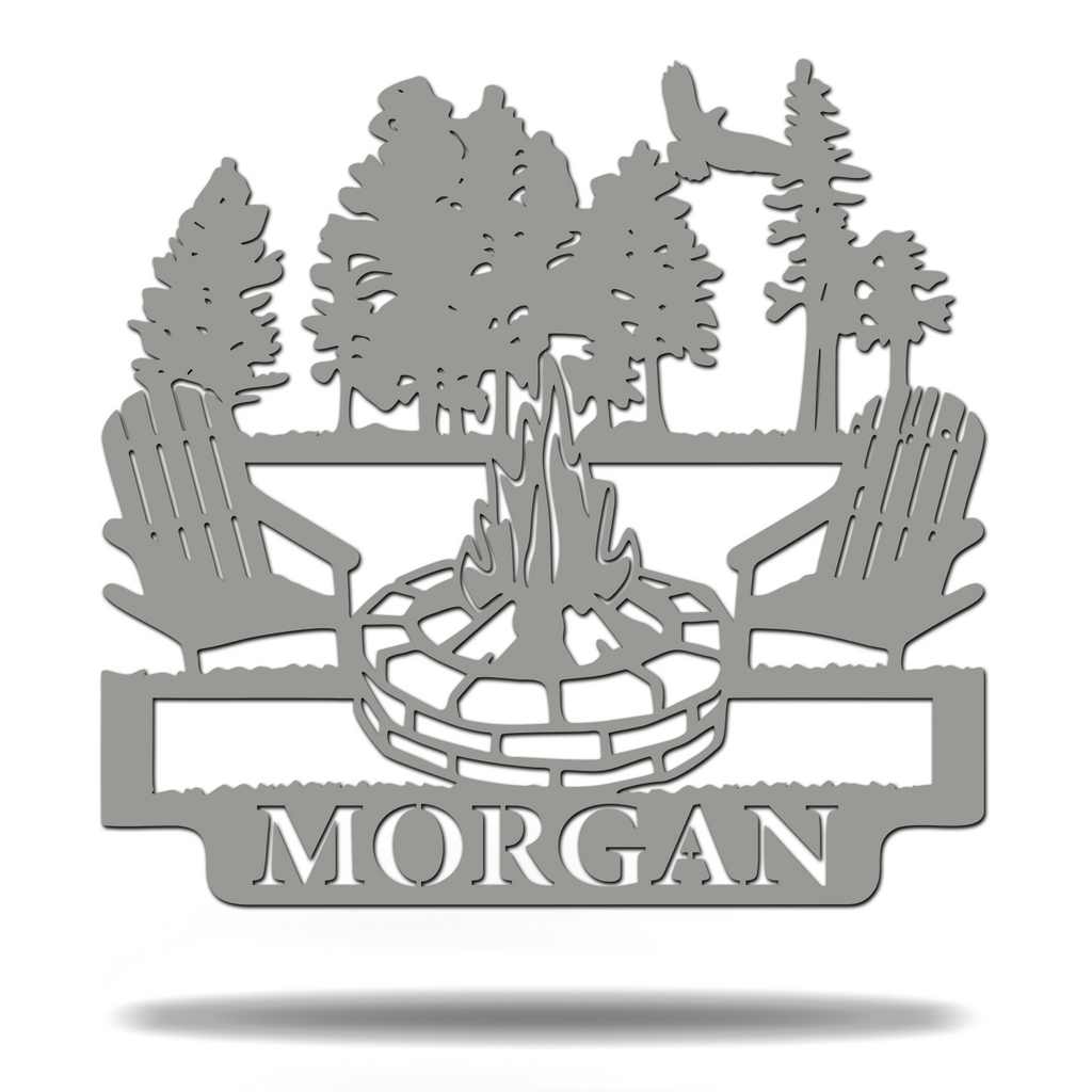 Calm Woods Campfire Camp site Customized Monogram Sign Premium Quality Metal Monogram Sign Grey