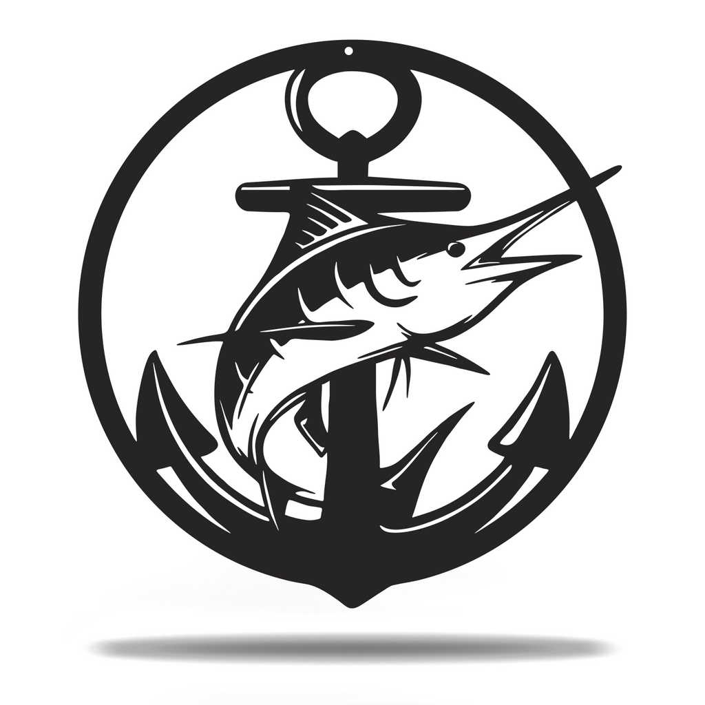 Deep Sea Ocean Marlin Fish And Anchor Sign Premium Quality Metal Sign Home Decor Black