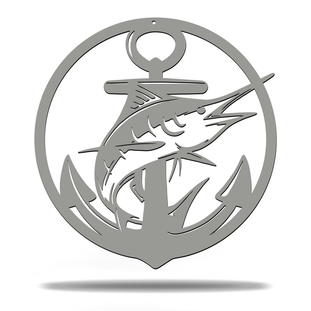 Deep Sea Ocean Marlin Fish And Anchor Sign Premium Quality Metal Sign Home Decor Grey