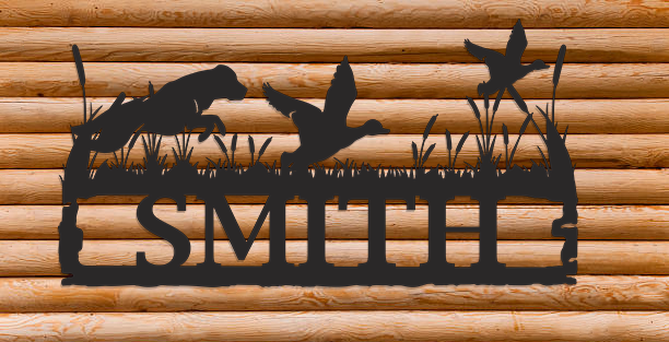 Hunter with Dog hunting Ducks in Field Customized Monogram Sign Premium Quality Metal Monogram Sign Brown Background