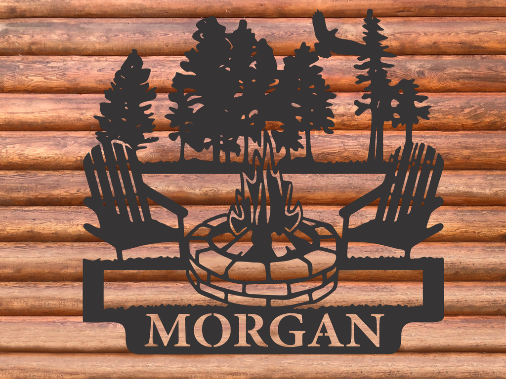 Calm Woods Campfire Camp site Customized Monogram Sign Premium Quality Metal Monogram Sign Sandy Background