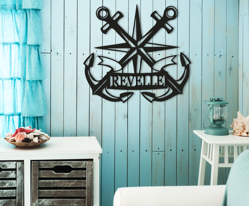 Directional Cardinal Compass and Boathouse ship Anchor Customized Monogram Sign Premium Quality Metal Monogram Sign Hanging indoor in pool house