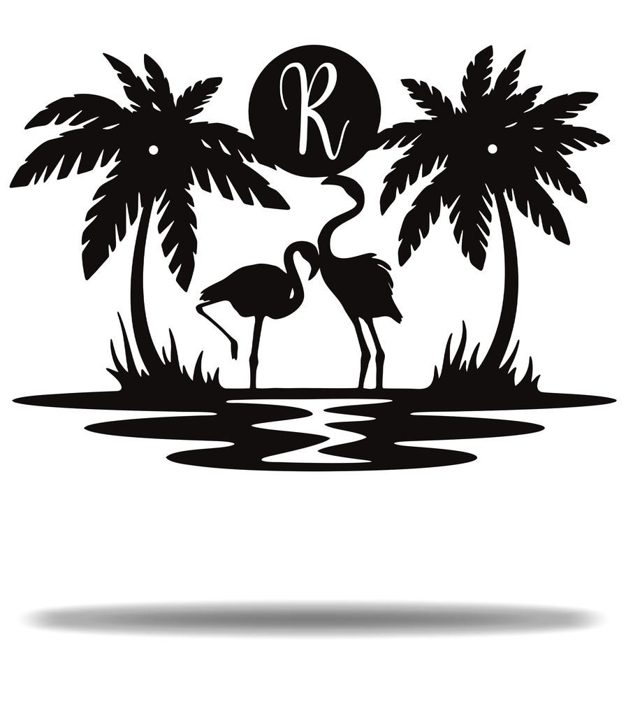 Customizable Palm Tree Flamingo Beach Sun setting Initials Monogram Sign Premium Quality Metal Monogram Home Decor