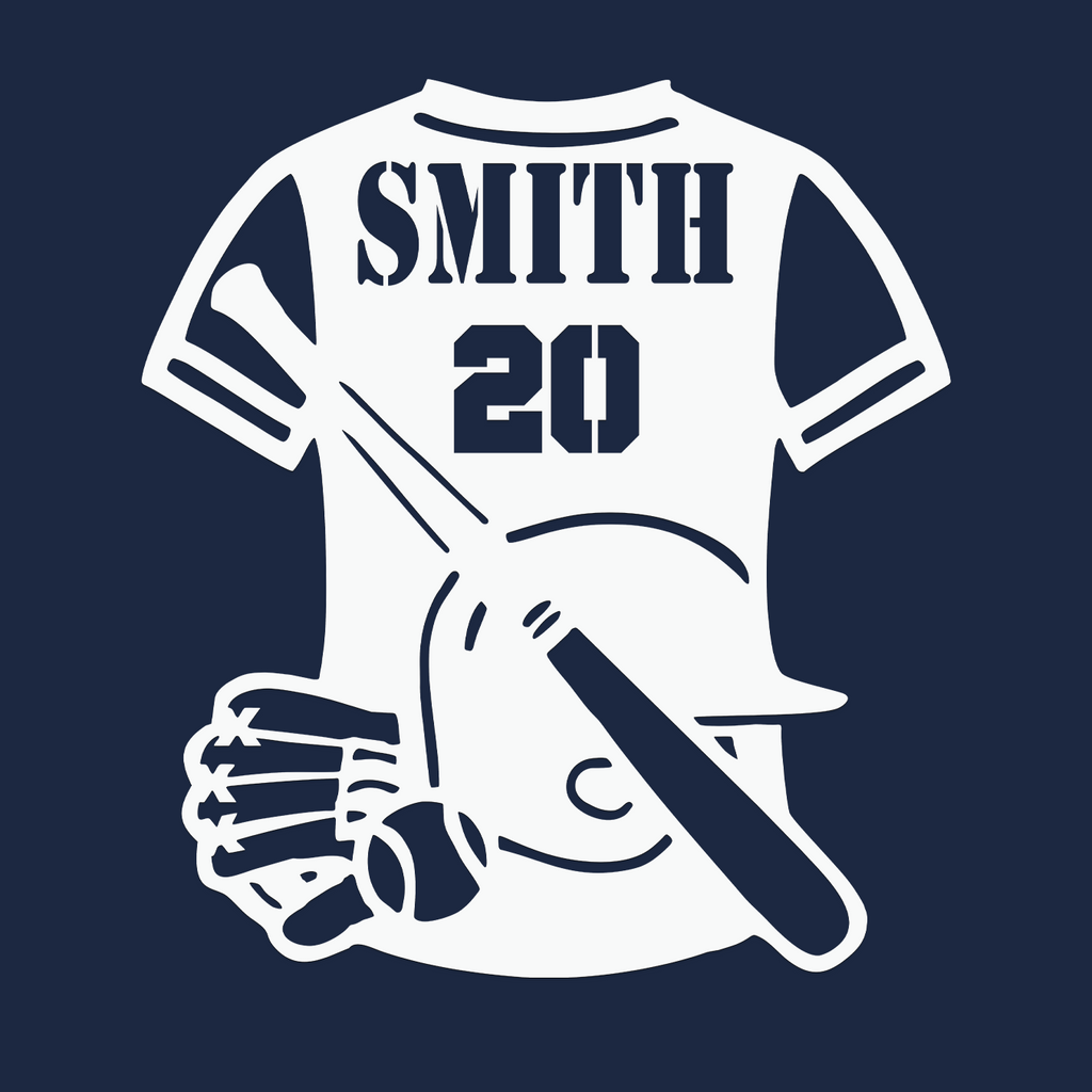 Customized Baseball Uniform Name and Number Glove mit, ball, and bat Customized Sign Premium Quality Metal Sign blue background