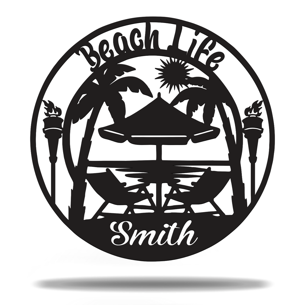 Beach life Tiki torch palm Trees near Ocean Customized Monogram Sign Premium Quality Metal Monogram Sign