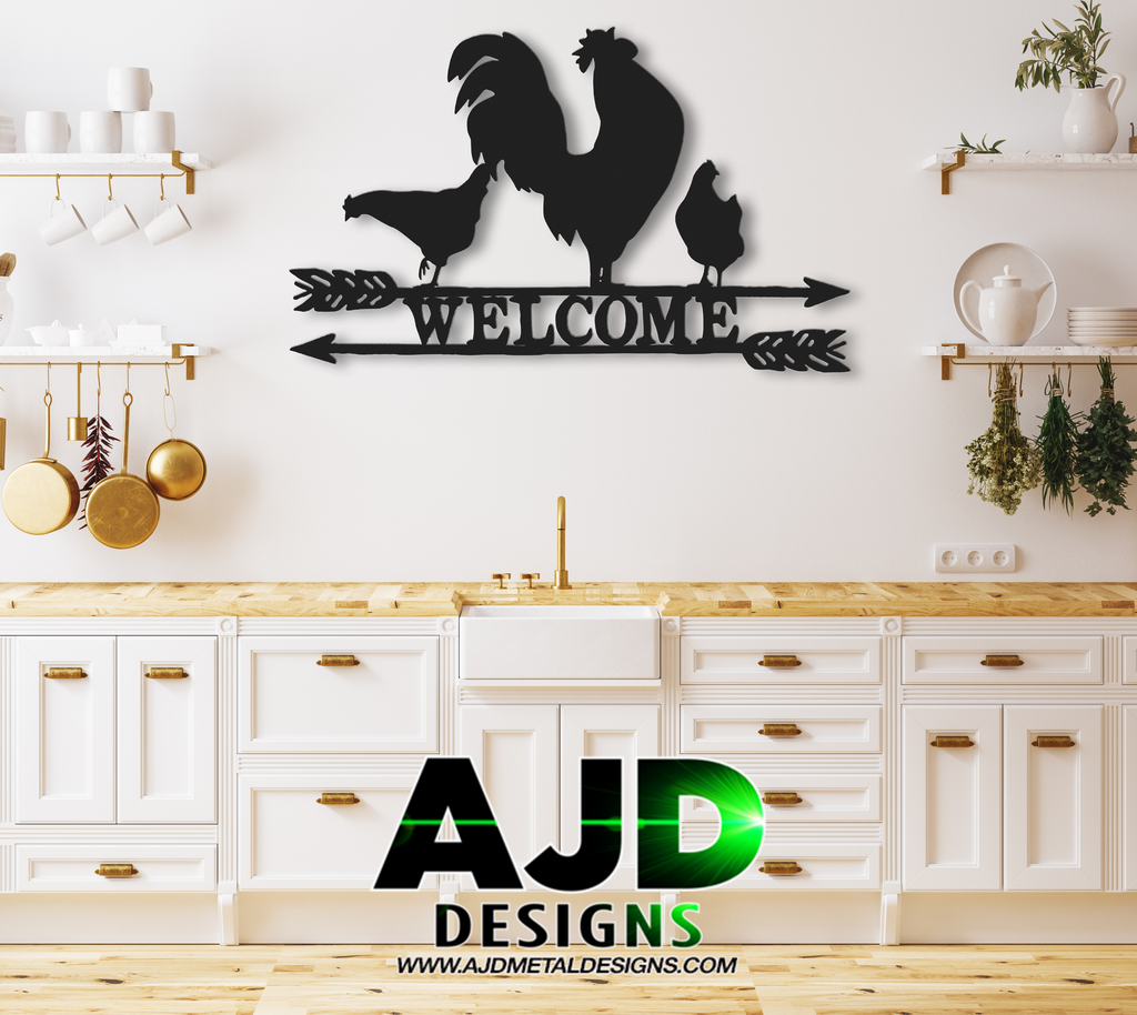 Welcome Chickens Southern Barn Animal Country Farm Sign Premium Quality Metal Home Decor Black Indoor Preview