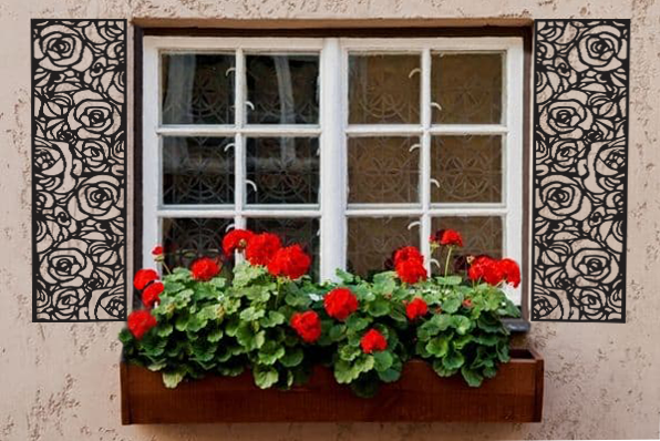 Custom Geometric Rose Style Pattern Shutters Premium Quality Metal Shutters Home Decor outdoors on window preview