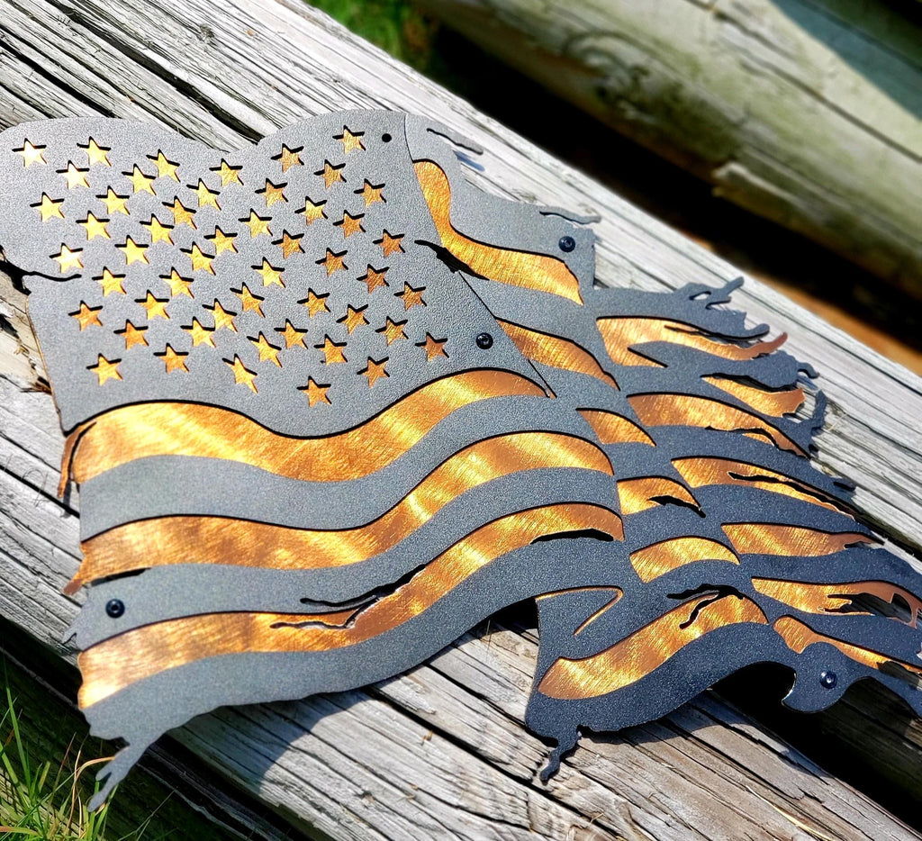 Copper and black stripes and stars large tattered battle scarred stainless steel Patriotic American USA Flag Premium Quality Metal Sign