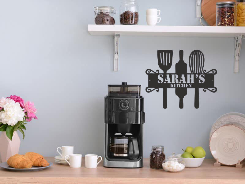 Customizable Kitchen Letter Name Initials Monogram Sign Premium Quality Metal Monogram Home Decor Spoon Spatula Whisk Black hanging indoor on wall preview